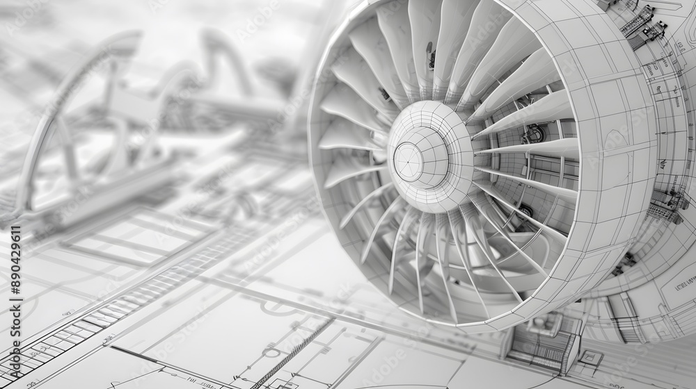 Poster a blue and white image of a turbine with a blue background. the image is of a machine that is design