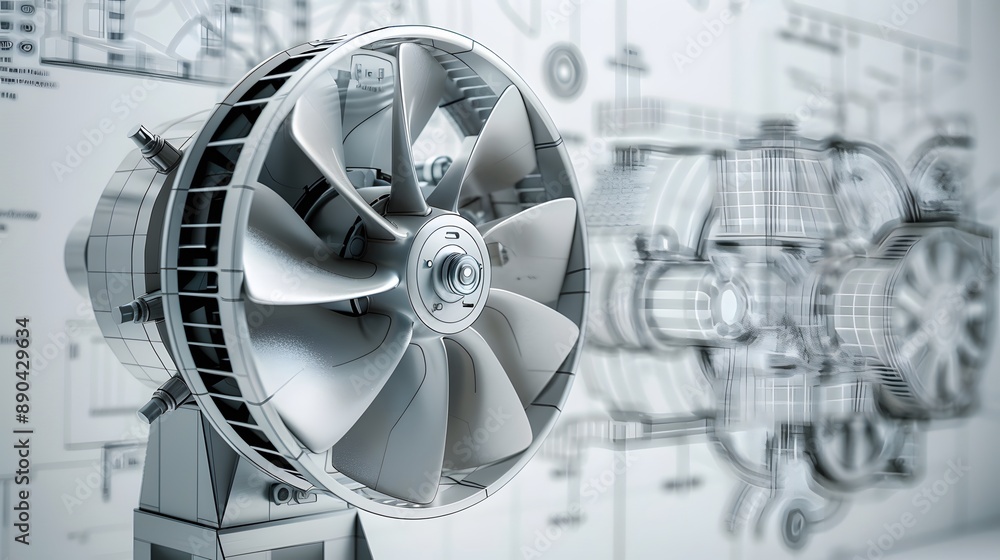 Poster a blue and white image of a turbine with a blue background. the image is of a machine that is design