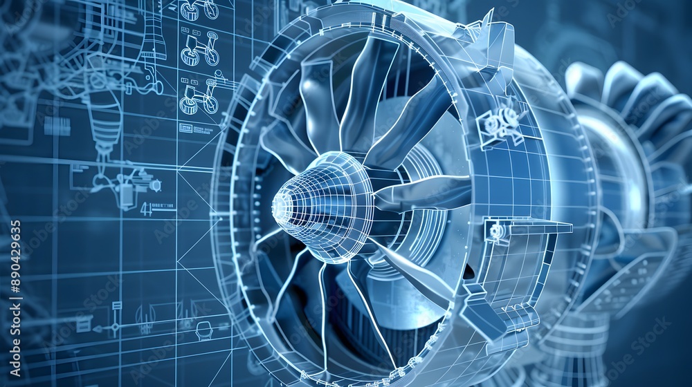 Poster a blue and white image of a turbine with a blue background. the image is of a machine that is design
