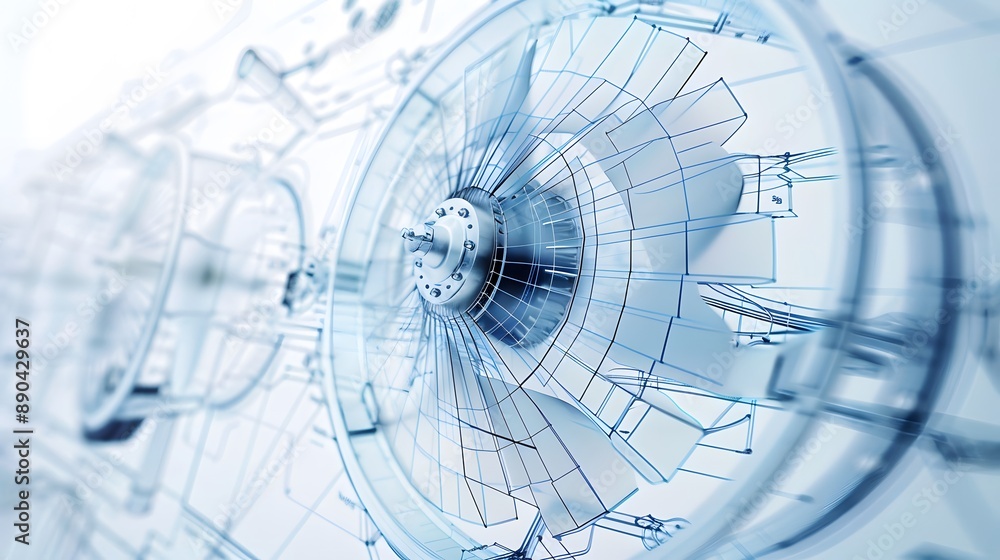 Poster a blue and white image of a turbine with a blue background. the image is of a machine that is design