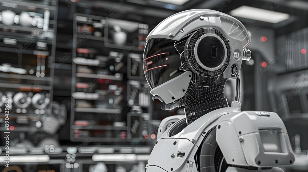 Poster a robot is standing in front of a row of computer servers. the robot is white and has a black head. 