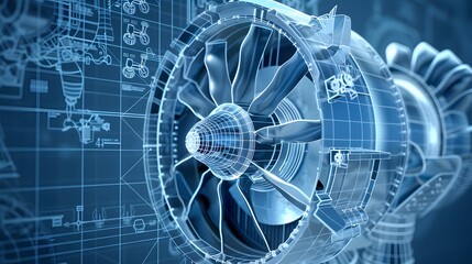 A blue and white image of a turbine with a blue background. The image is of a machine that is designed to generate power