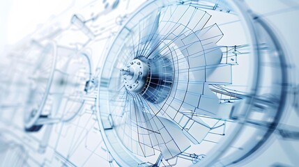 A blue and white image of a turbine with a blue background. The image is of a machine that is designed to generate power