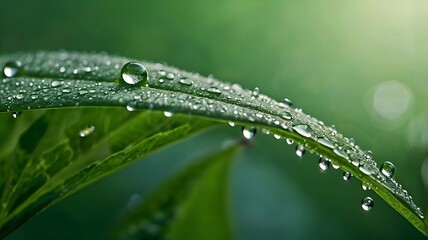 Obraz premium dew, water, a drop of morning dew on a weed leaf on a green background