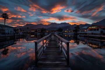 Obraz premium A scenic wooden pier extends into calm waters at sundown, with vibrant clouds in the sky and mountains in the distance, offering a peaceful and picturesque view.