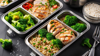 Healthy meal prep containers with grilled chicken, brown rice, broccoli, and vegetables on black table