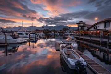 Obraz premium A peaceful marina scene captured at twilight, with boats docked under a colorful sunset sky, reflecting on the water and creating a tranquil and serene atmosphere.