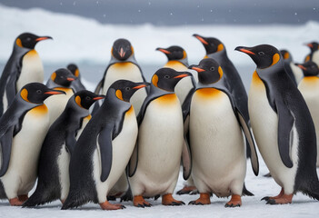 Obraz premium A group of penguins huddled together for warmth on a snowy Antarctic shore. 