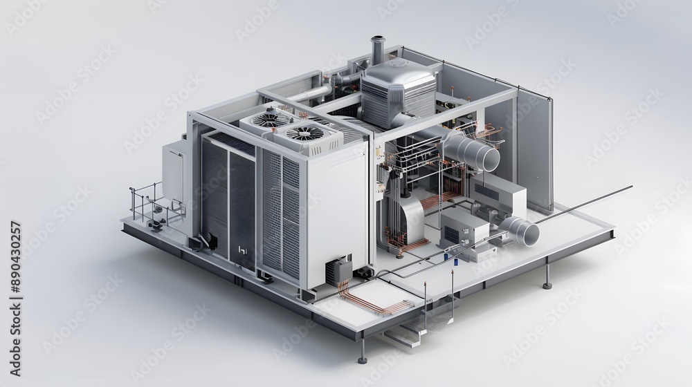 Poster a building with a large cooling unit on top. the building is surrounded by pipes and wires. concept 