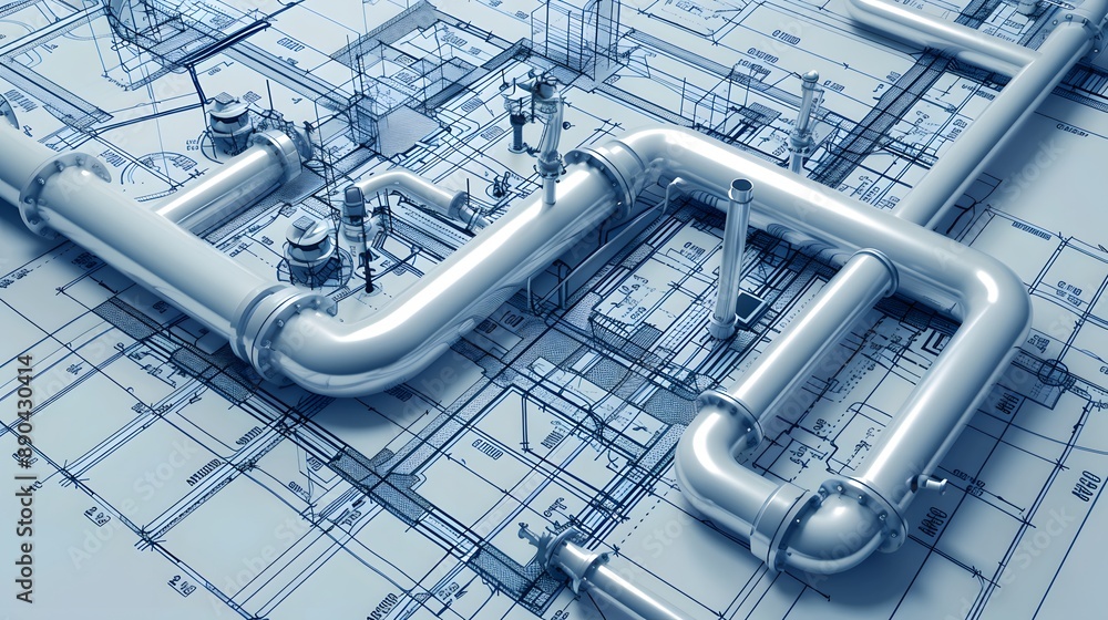 Poster a close up of a pipe system with many pipes and valves. concept of complexity and organization, as t