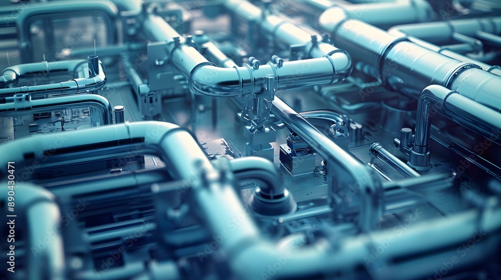 Poster a close up of a pipe system with many pipes and valves. concept of complexity and organization, as t