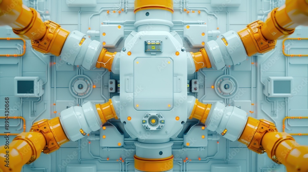 Poster high-tech industrial machine with intricate tubes and connectors, showcasing modern engineering and 