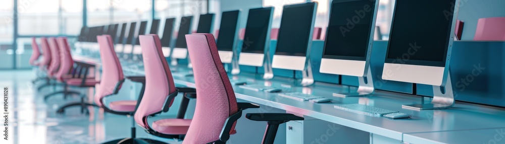 Aufkleber modern office with pink chairs and computers in a row. contemporary workspace setup with large monit