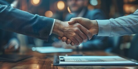 Confident Business Partners Sealing a Successful Deal in Office Setting