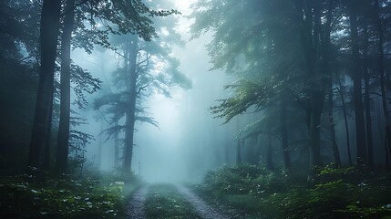 Obraz premium foggy forest path in early morning