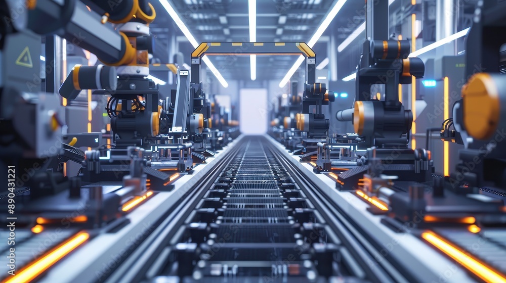 Poster robotic arms in an automated assembly line in a modern factory, showcasing advanced manufacturing te