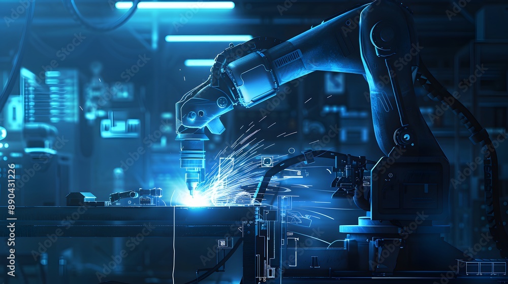 Poster a robot is shown in a blue background with a glowing light. the robot is a large, mechanical arm wit