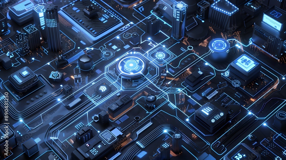 Poster a computer generated image of a building with a blue and orange design. the image has a futuristic a