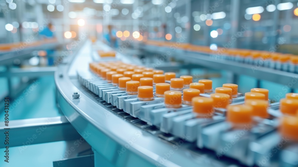 Poster automated bottling line in a modern factory, showcasing advanced technology and efficiency in indust