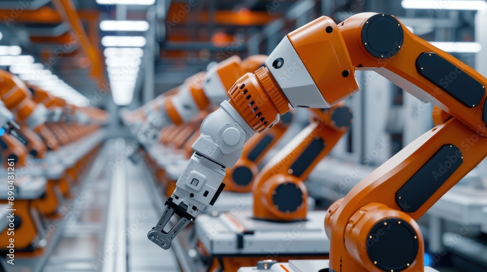 Poster industrial robotic arms in a factory setting, showcasing advanced automation technology and precisio