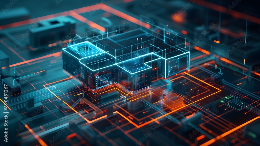 Poster a computer generated image of a building with a blue and orange design. the image has a futuristic a