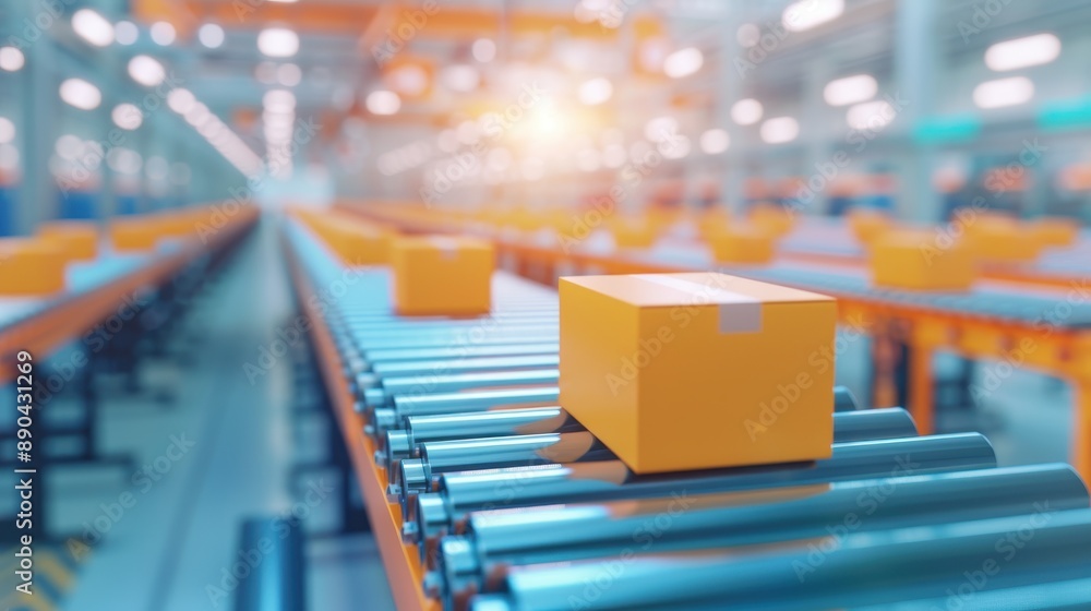 Poster orange package on a conveyor belt in a modern warehouse setting, representing efficient logistics an