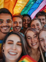 Fototapeta premium People holding a colorful rainbow flag, symbolizing unity and diversity