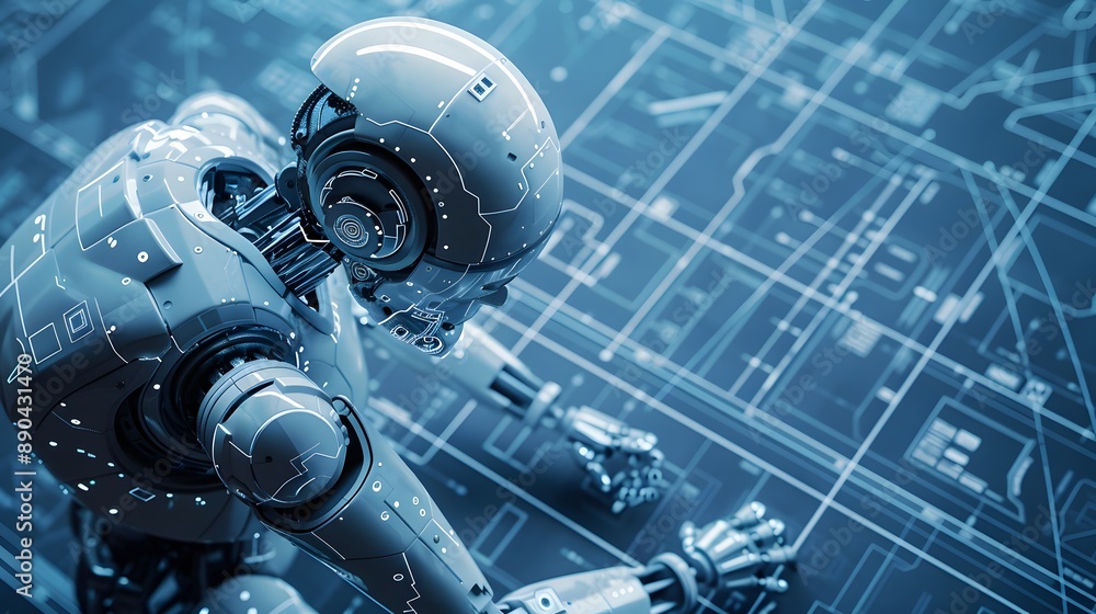 Poster a robot is standing in front of a white background with a lot of blue and gray lines. the robot is w