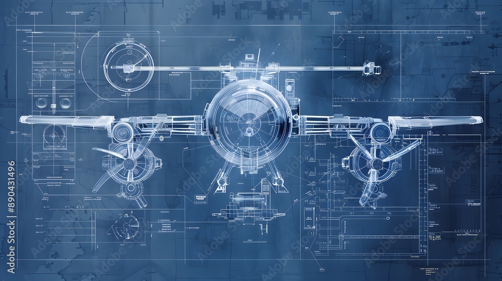 Poster a blue drawing of a plane with a clock on the side. the plane is shown in detail with a lot of lines