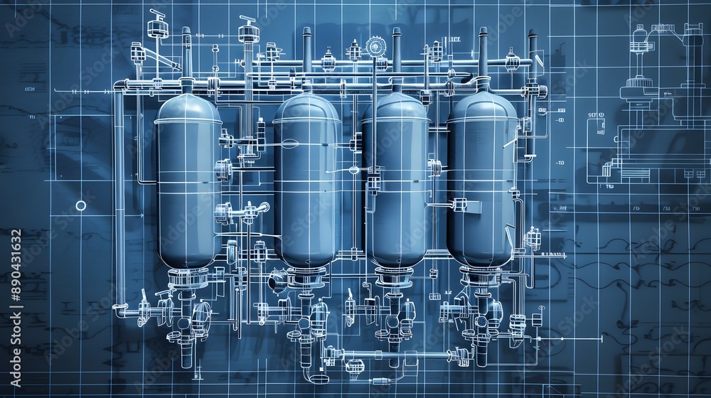 Poster a blue and white drawing of a pipe system with a red valve. concept of complexity and precision, as 
