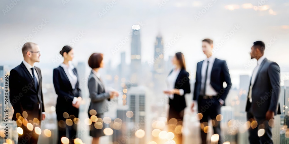 Wall mural business team collaborating in front of blurred urban view