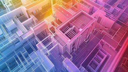 Fototapeta premium A colorful cityscape with buildings and streets. The buildings are in different colors and sizes, and the streets are filled with people. Scene is lively and bustling, with a sense of energy