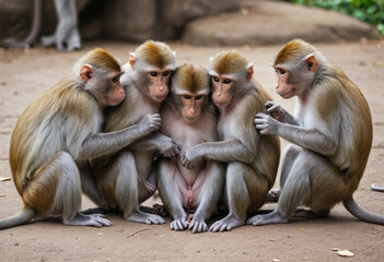 Obraz premium A group of monkeys grooming each other for social bonding. 