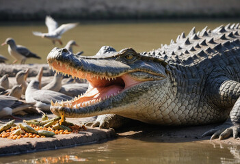 Obraz premium A photo of a crocodile basking in the sun with a flock of birds picking food from its teeth. 