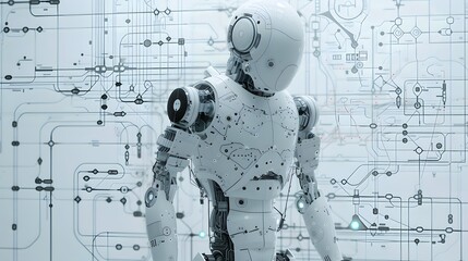 A robot is standing in front of a white background with a lot of blue and gray lines. The robot is wearing a backpack and has a helmet on. The robot appears to be a futuristic design