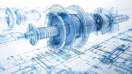 A drawing of a jet engine with a blue background. The jet engine is the main focus of the image, and it is a very detailed and intricate design. The blue background adds a sense of depth