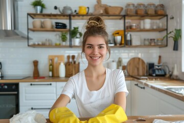A smiling woman with a bun hairstyle stands in a modern kitchen, wearing yellow gloves, ready for cleaning or cooking, capturing a moment of domestic life and readiness.