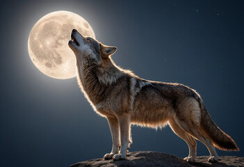  A photo of a lone wolf howling towards the moon, searching for its pack. 