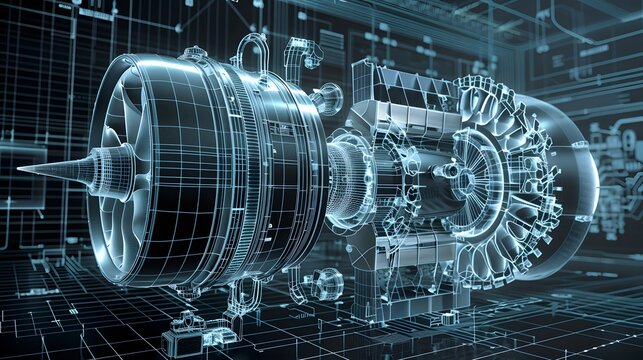 A drawing of a jet engine with a blue background. The jet engine is the main focus of the image, and it is a very detailed and intricate design. The blue background adds a sense of depth