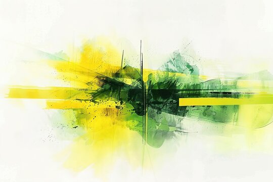 Abstract green and yellow brush strokes on a white background.