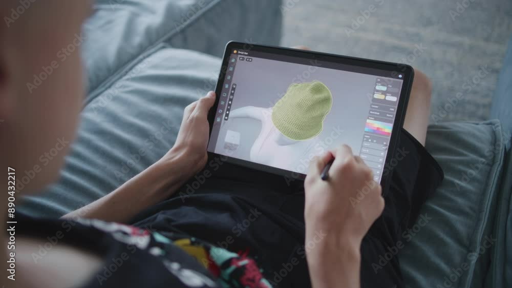 Poster focused teenager with digital pencil and tablet in hands sits in room, draws 3d model. boy creates n