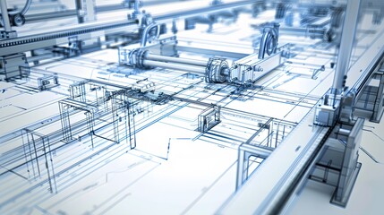 A blue and white industrial scene with a lot of machinery and conveyor belts. Concept of industry and productivity