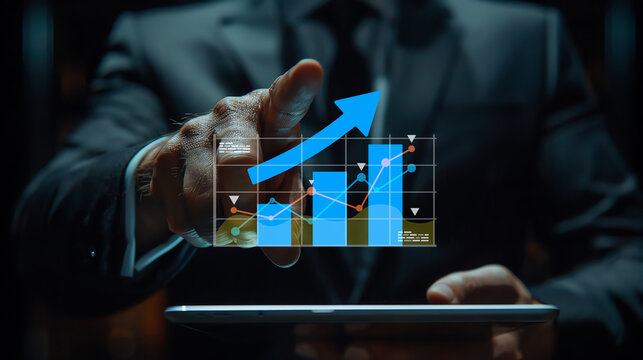 Businessman analyzing digital growth chart interactive data visualization, focusing on upward trend and financial insights.