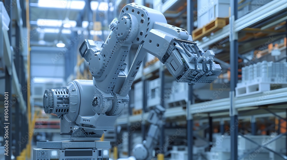 Poster a robot is shown in a factory setting, surrounded by machinery and other robots. concept of industri