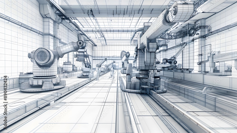 Poster a robot is shown in a factory setting, surrounded by machinery and other robots. concept of industri