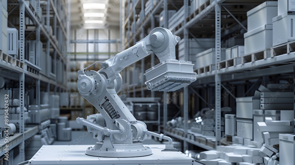 Poster a robot is shown in a factory setting, surrounded by machinery and other robots. concept of industri