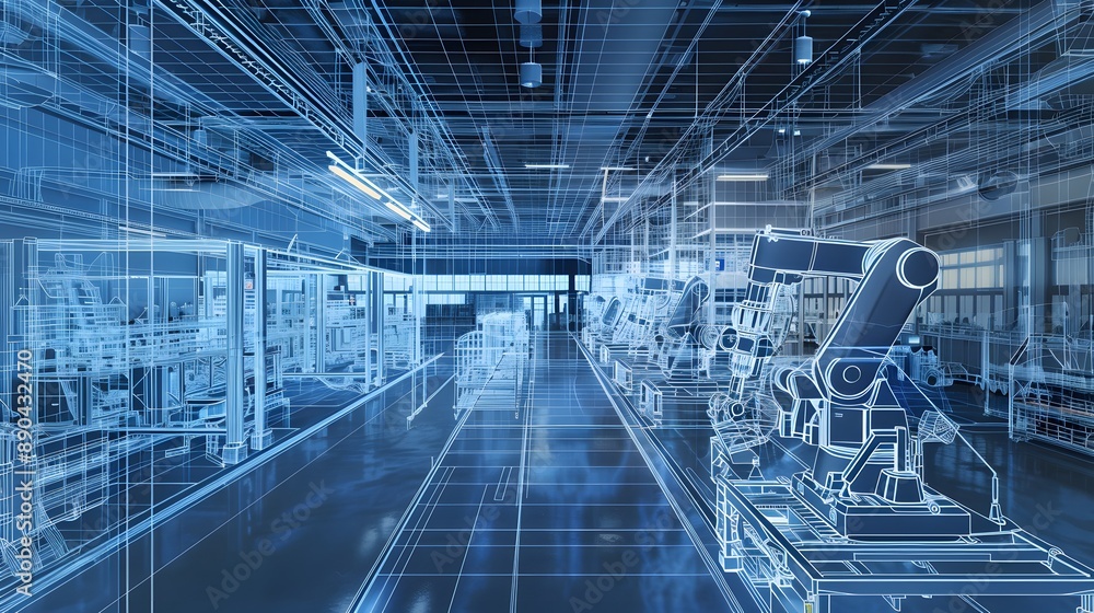 Aufkleber a blue and white image of a factory floor with a robot in the middle. the robot is surrounded by oth