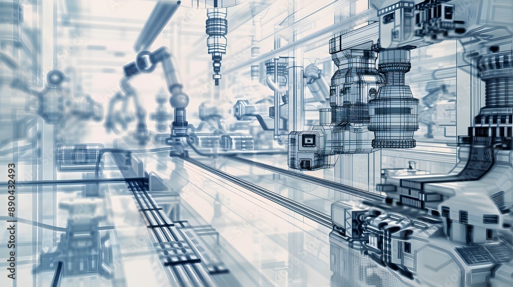 Poster a robot is shown in a factory setting, surrounded by machinery and other robots. concept of industri