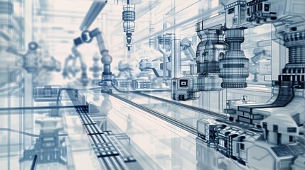 Fototapeta premium A robot is shown in a factory setting, surrounded by machinery and other robots. Concept of industrialization and technological advancement, as well as the potential for automation