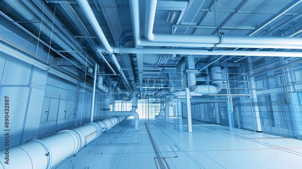 Poster a blue and white image of a building with pipes and wires. the image is abstract and has a futuristi